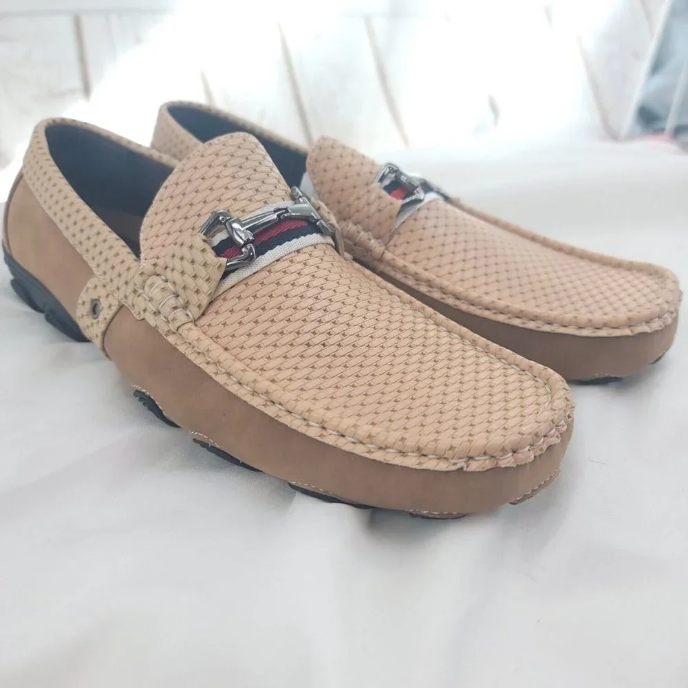 Franco Vanucci Mens Drive-91 Beige Leather Round Toe Slip On Loafer Shoes Sz 10
